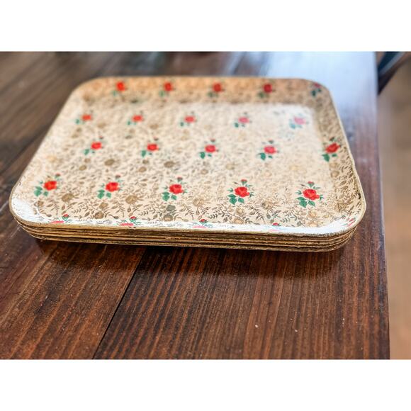 Isco Hand Painted Trays — Red & Green Floral Pattern — Made in Japan — Lot of 5 - Picture 2 of 4